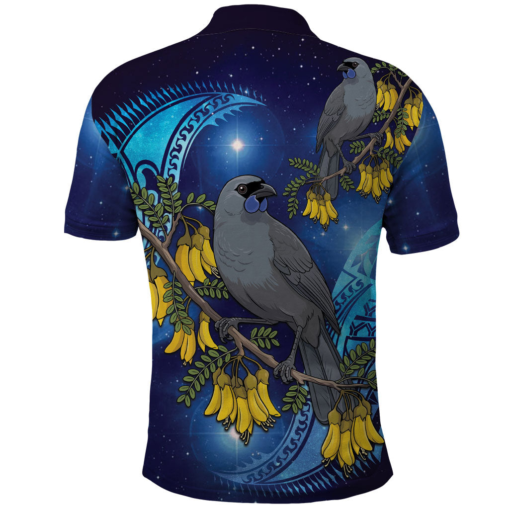 New Zealand Kokako Bird Polo Shirt Kowhai Galaxy Style Polynesian Pattern