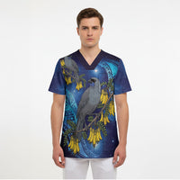 New Zealand Kokako Bird Scrub Top Kowhai Galaxy Style Polynesian Pattern