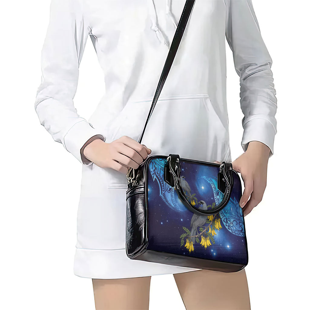 New Zealand Kokako Bird Shoulder Handbag Kowhai Galaxy Style Polynesian Pattern