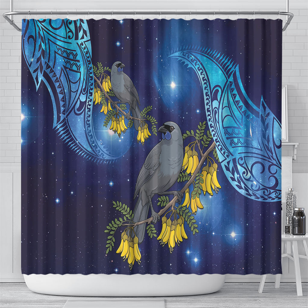 New Zealand Kokako Bird Shower Curtain Kowhai Galaxy Style Polynesian Pattern