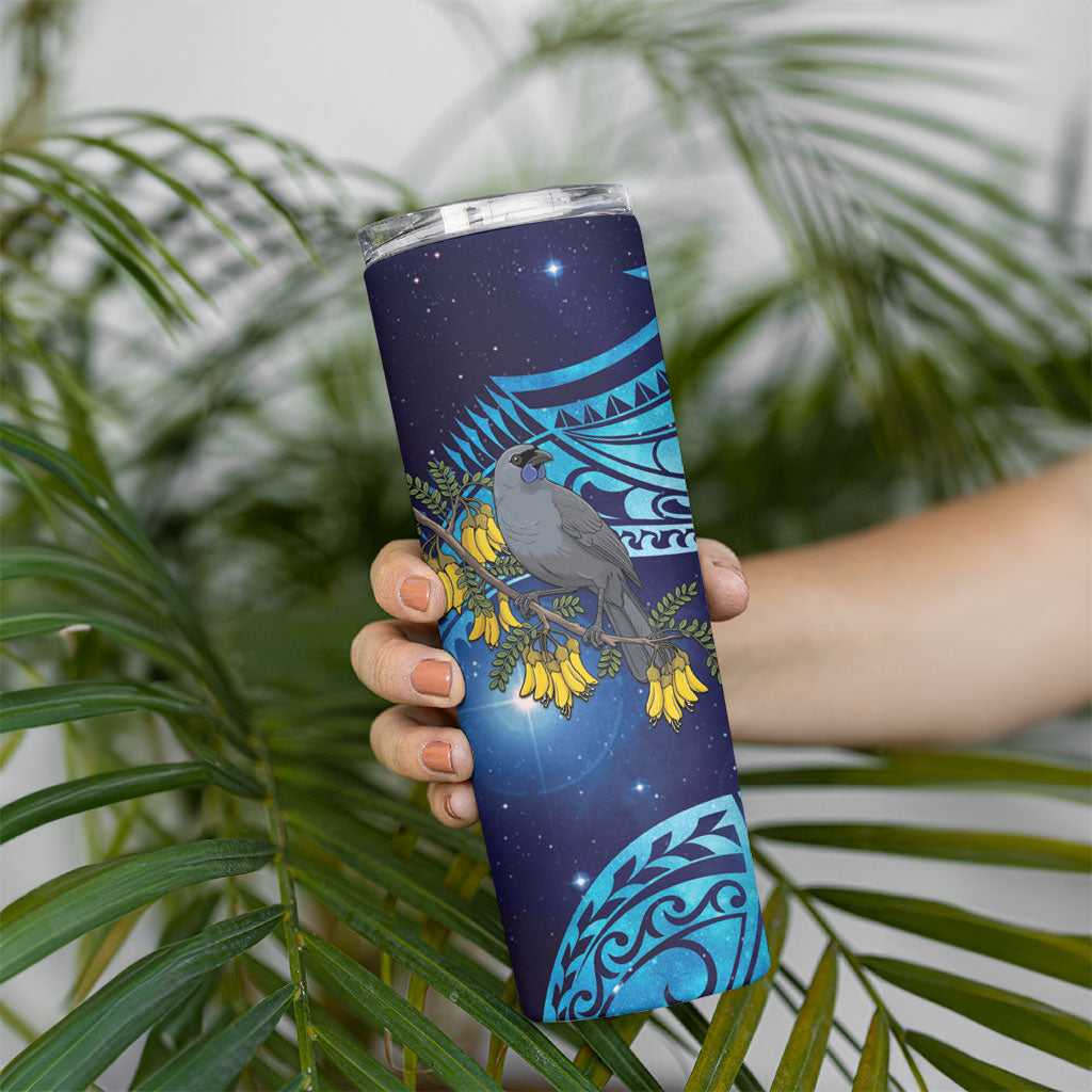 New Zealand Kokako Bird Skinny Tumbler Kowhai Galaxy Style Polynesian Pattern