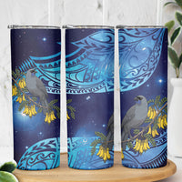 New Zealand Kokako Bird Skinny Tumbler Kowhai Galaxy Style Polynesian Pattern