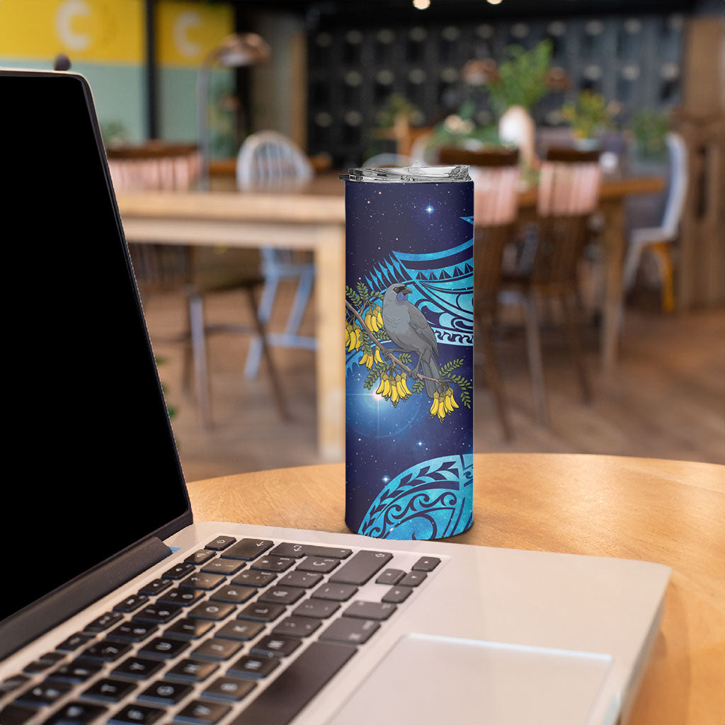New Zealand Kokako Bird Skinny Tumbler Kowhai Galaxy Style Polynesian Pattern
