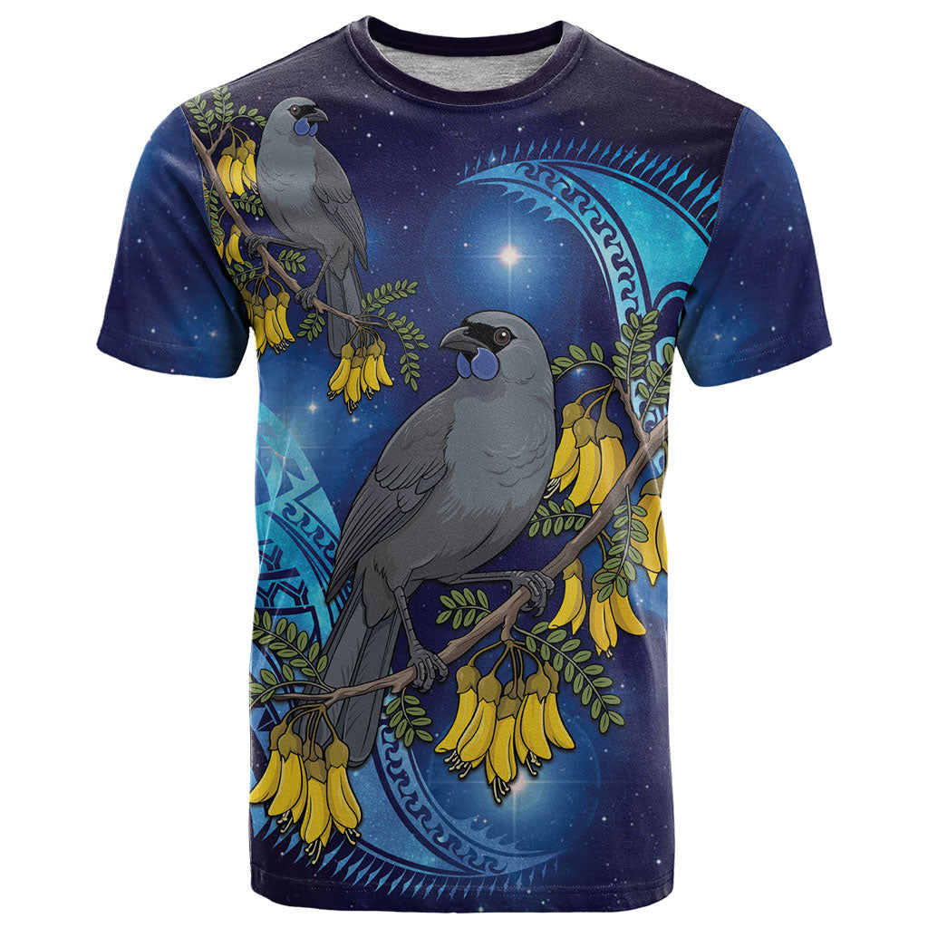 New Zealand Kokako Bird T Shirt Kowhai Galaxy Style Polynesian Pattern