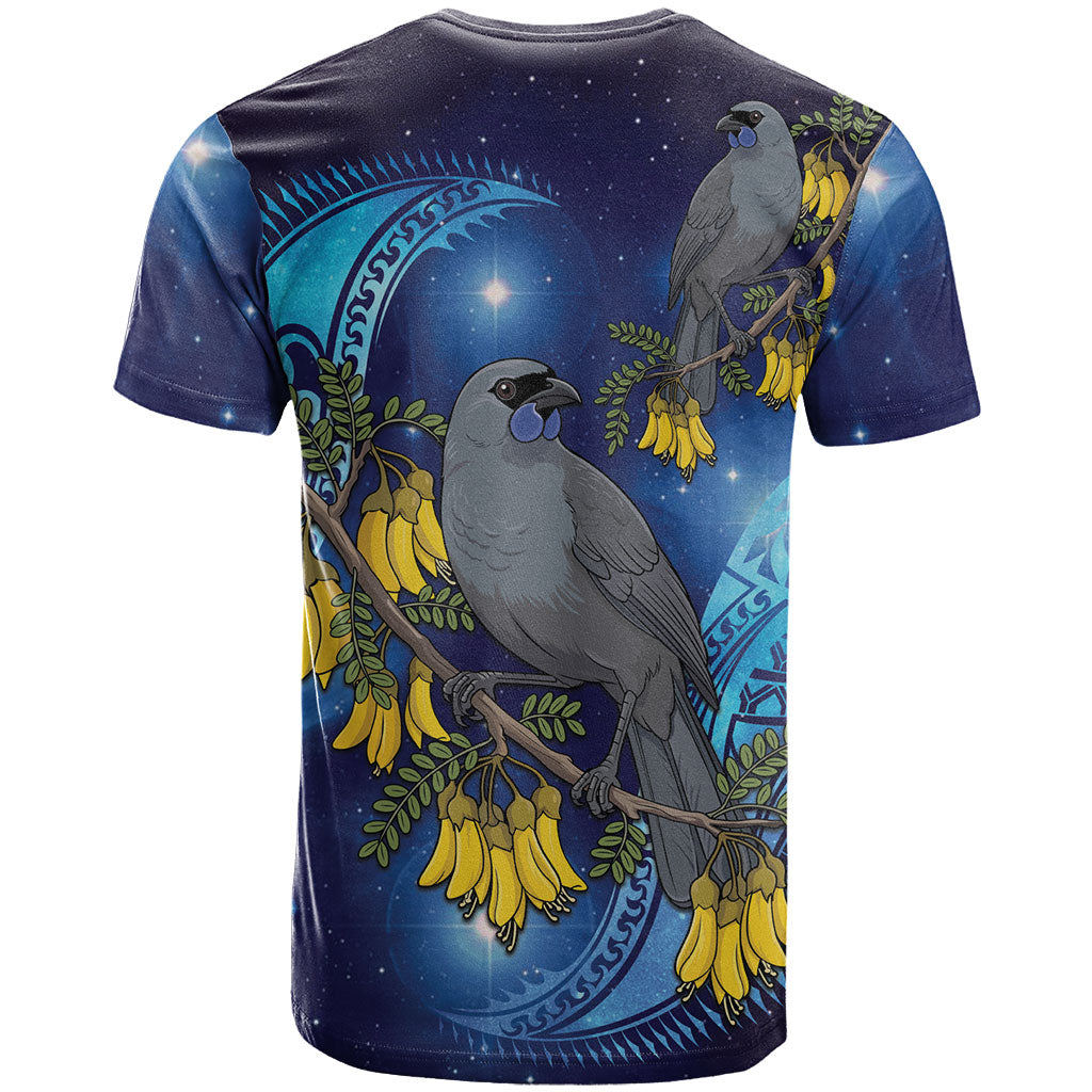 New Zealand Kokako Bird T Shirt Kowhai Galaxy Style Polynesian Pattern