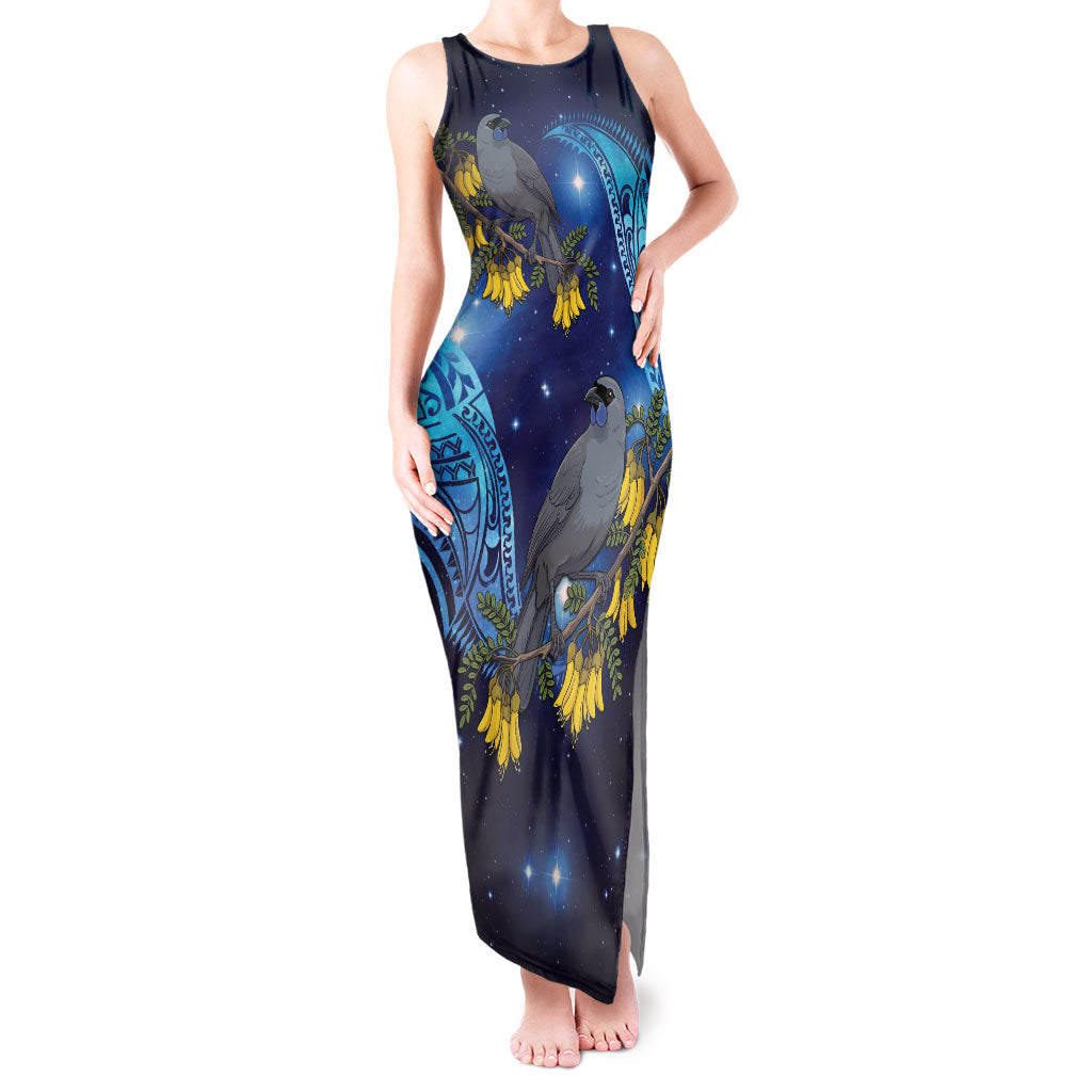 New Zealand Kokako Bird Tank Maxi Dress Kowhai Galaxy Style Polynesian Pattern