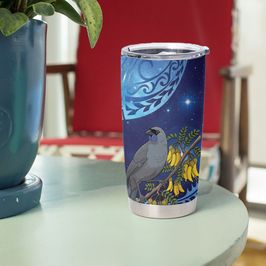 New Zealand Kokako Bird Tumbler Cup Kowhai Galaxy Style Polynesian Pattern