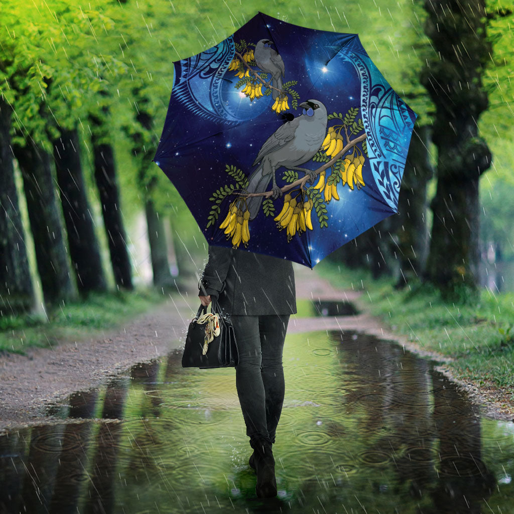 New Zealand Kokako Bird Umbrella Kowhai Galaxy Style Polynesian Pattern