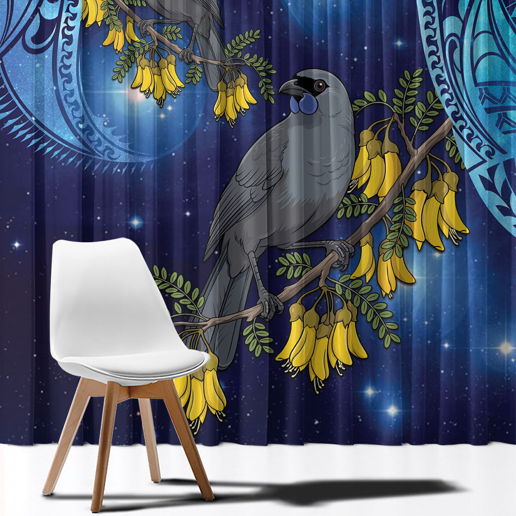 New Zealand Kokako Bird Window Curtain Kowhai Galaxy Style Polynesian Pattern