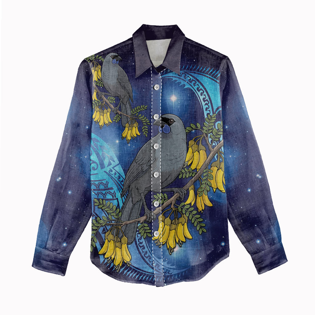 New Zealand Kokako Bird Women Casual Shirt Kowhai Galaxy Style Polynesian Pattern