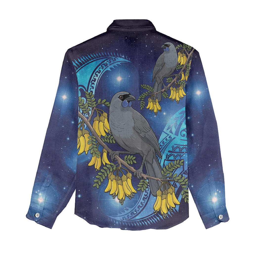 New Zealand Kokako Bird Women Casual Shirt Kowhai Galaxy Style Polynesian Pattern