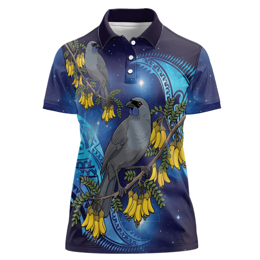 New Zealand Kokako Bird Women Polo Shirt Kowhai Galaxy Style Polynesian Pattern