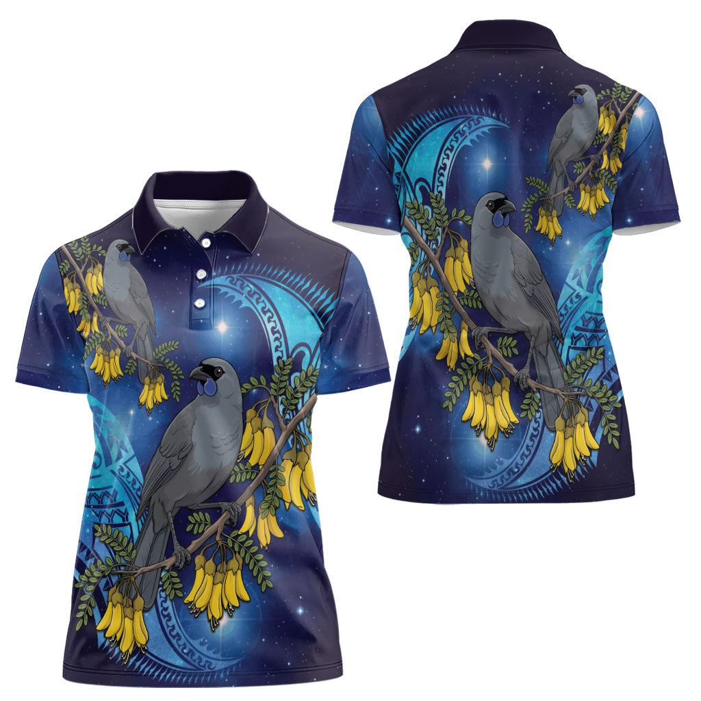 New Zealand Kokako Bird Women Polo Shirt Kowhai Galaxy Style Polynesian Pattern