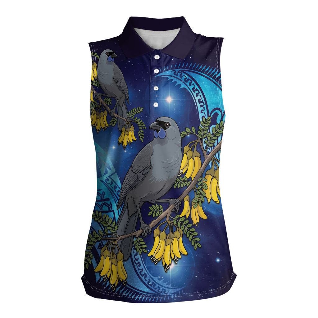 New Zealand Kokako Bird Women Sleeveless Polo Shirt Kowhai Galaxy Style Polynesian Pattern