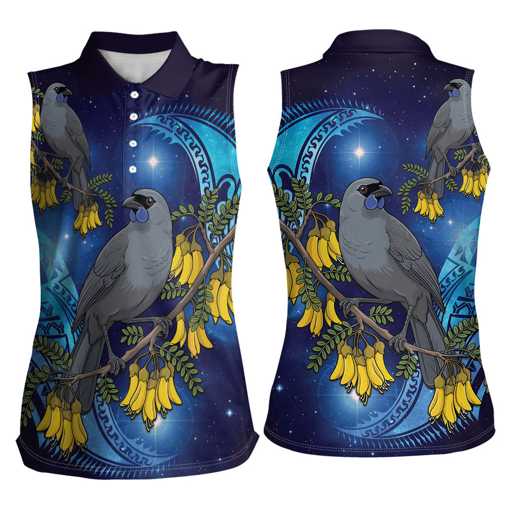 New Zealand Kokako Bird Women Sleeveless Polo Shirt Kowhai Galaxy Style Polynesian Pattern