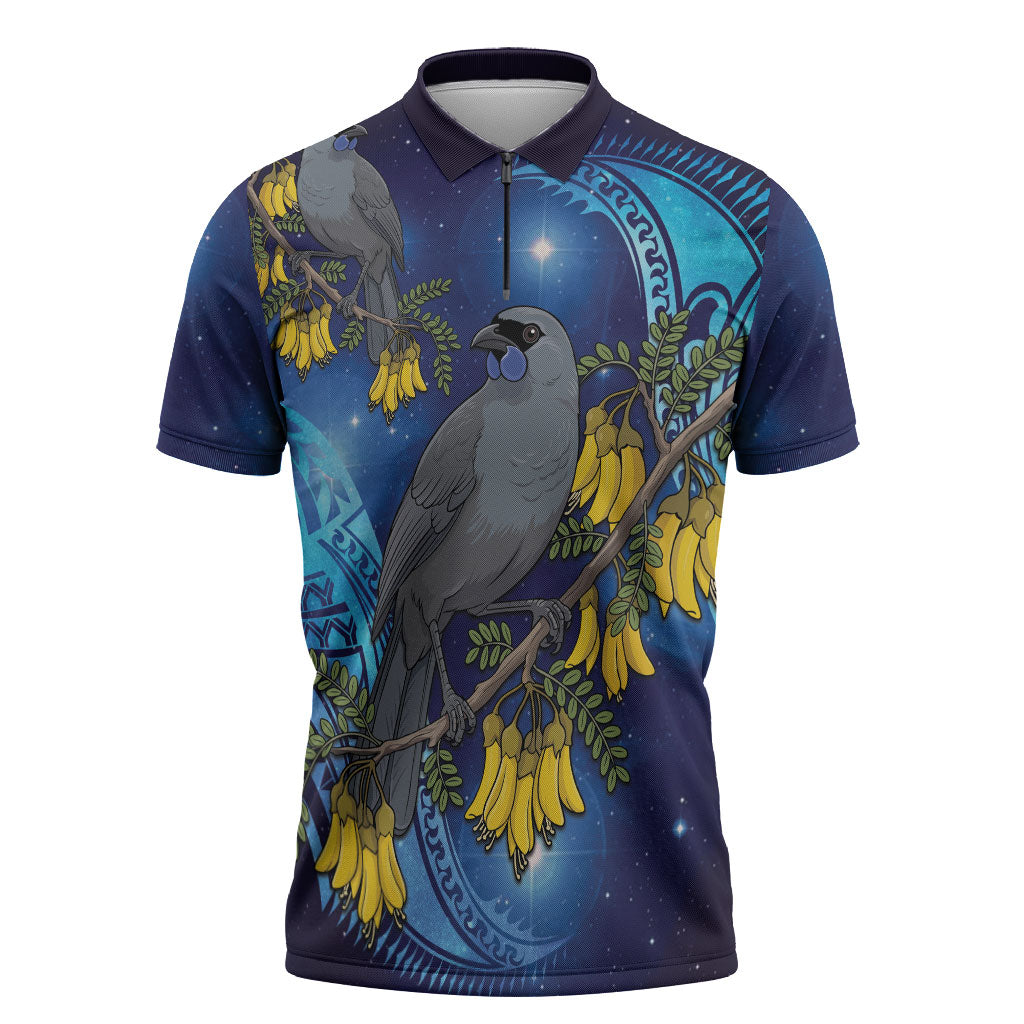 New Zealand Kokako Bird Zipper Polo Shirt Kowhai Galaxy Style Polynesian Pattern LT22 Blue - Polynesian Pride