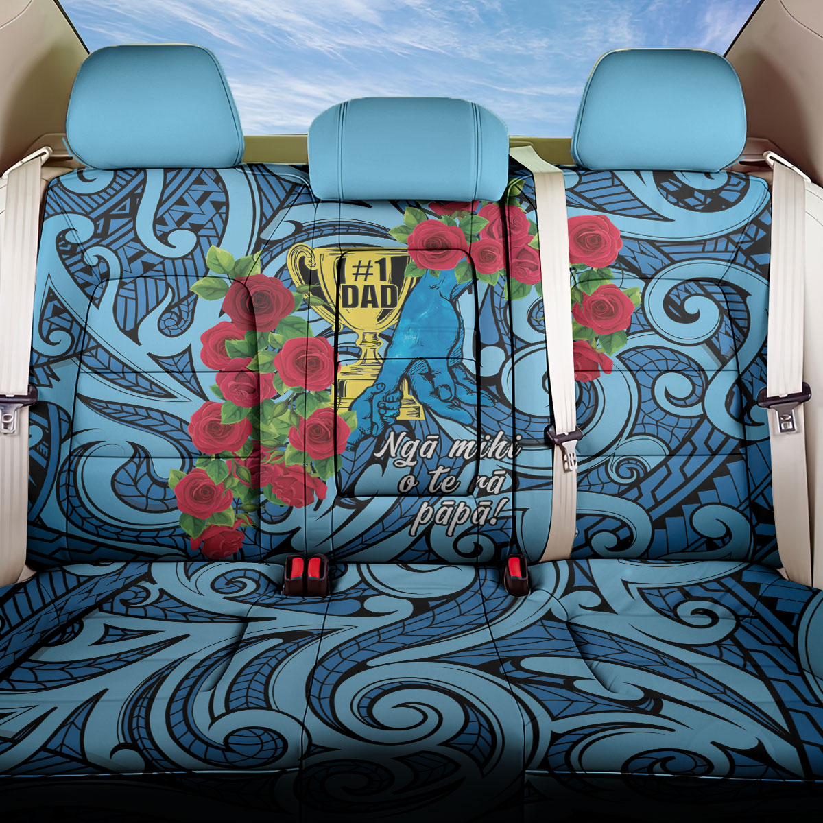 New Zealand Father's Day Back Car Seat Cover Best Dad Trophy Red Rose Maori Pattern LT22 One Size Blue - Polynesian Pride