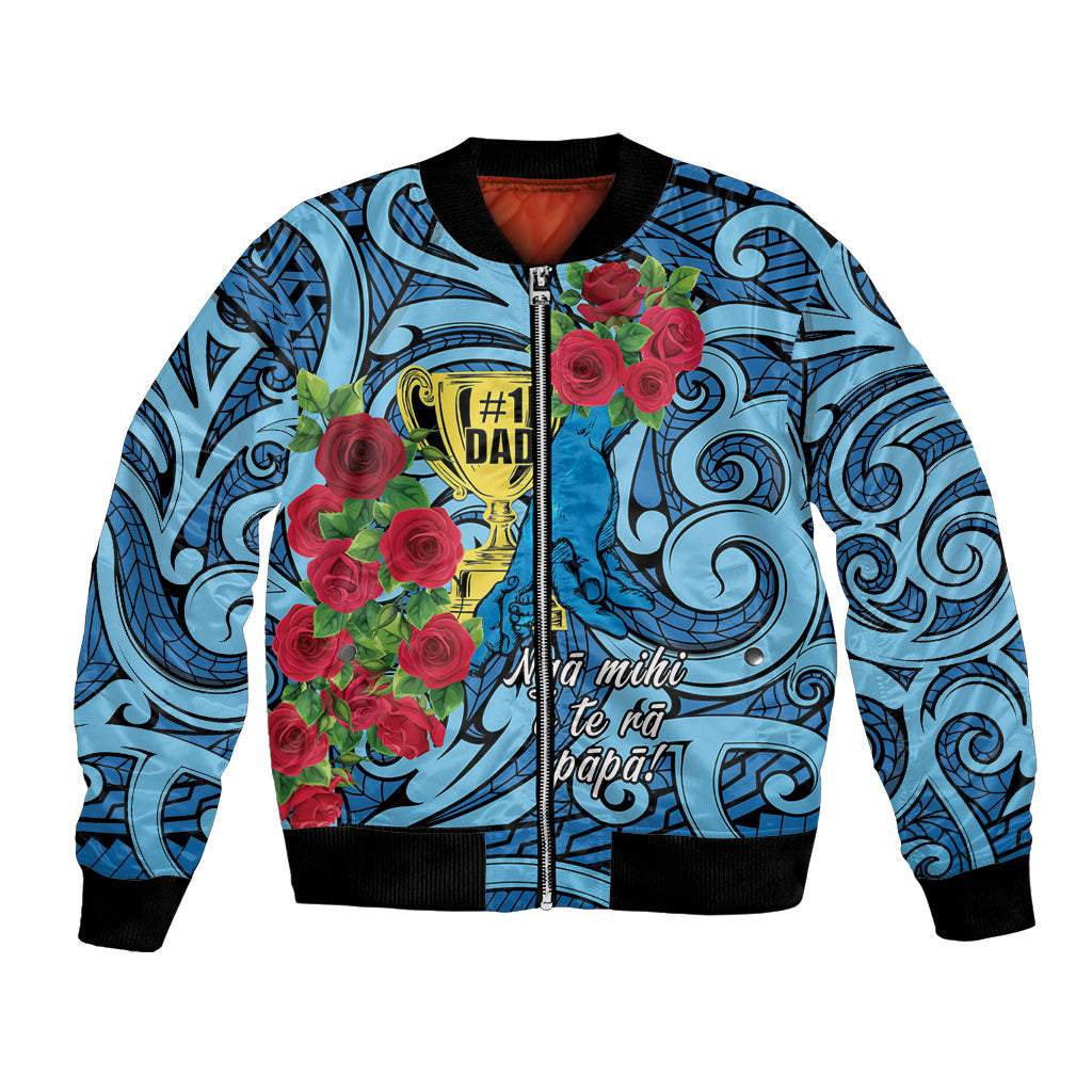 Personalised New Zealand Father's Day Bomber Jacket Best Dad Trophy Red Rose Maori Pattern LT22 Unisex Blue - Polynesian Pride