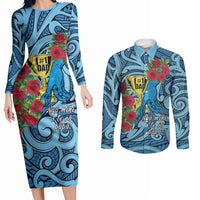 Personalised New Zealand Father's Day Couples Matching Long Sleeve Bodycon Dress and Long Sleeve Button Shirt Best Dad Trophy Red Rose Maori Pattern LT22 Blue - Polynesian Pride