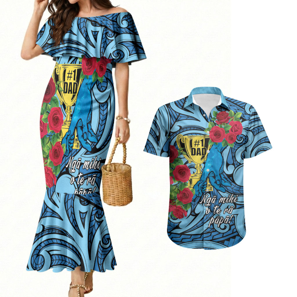 Personalised New Zealand Father's Day Couples Matching Mermaid Dress and Hawaiian Shirt Best Dad Trophy Red Rose Maori Pattern LT22 Blue - Polynesian Pride