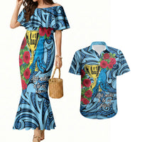 Personalised New Zealand Father's Day Couples Matching Mermaid Dress and Hawaiian Shirt Best Dad Trophy Red Rose Maori Pattern LT22 Blue - Polynesian Pride