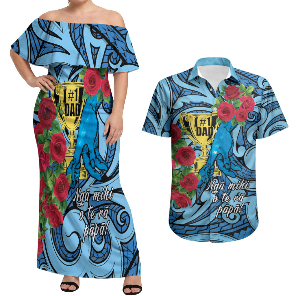 Personalised New Zealand Father's Day Couples Matching Off Shoulder Maxi Dress and Hawaiian Shirt Best Dad Trophy Red Rose Maori Pattern LT22 Blue - Polynesian Pride
