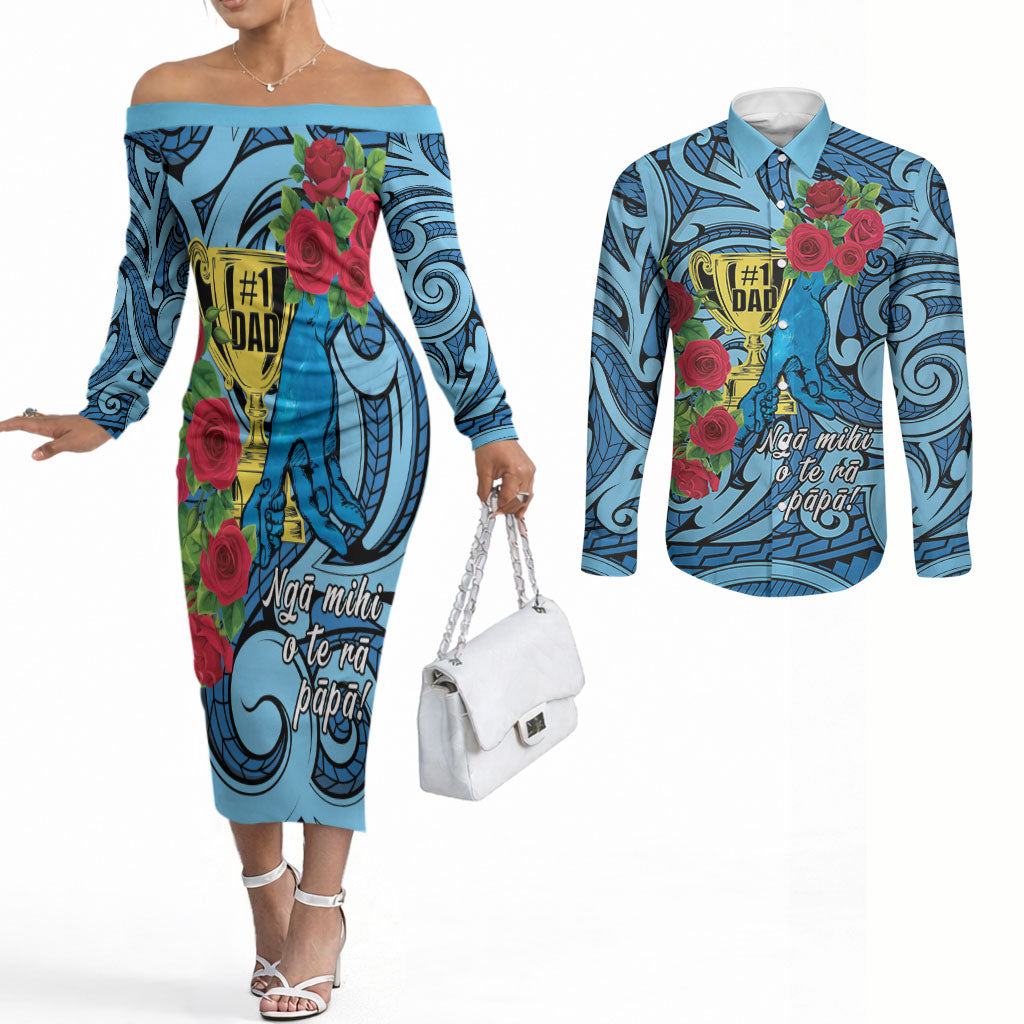 Personalised New Zealand Father's Day Couples Matching Off The Shoulder Long Sleeve Dress and Long Sleeve Button Shirt Best Dad Trophy Red Rose Maori Pattern LT22 Blue - Polynesian Pride