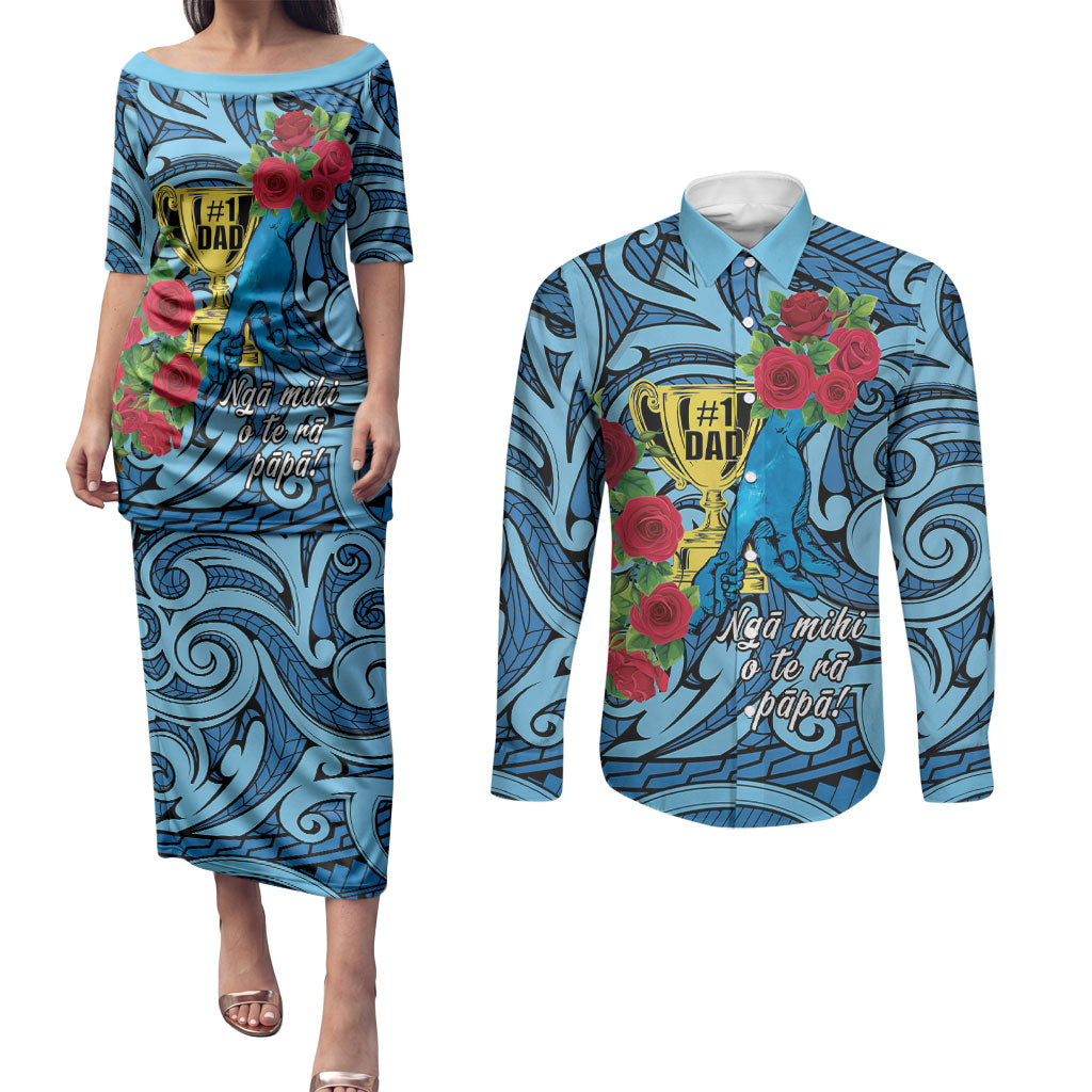 Personalised New Zealand Father's Day Couples Matching Puletasi and Long Sleeve Button Shirt Best Dad Trophy Red Rose Maori Pattern LT22 Blue - Polynesian Pride