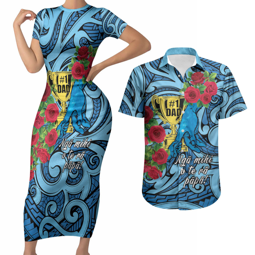Personalised New Zealand Father's Day Couples Matching Short Sleeve Bodycon Dress and Hawaiian Shirt Best Dad Trophy Red Rose Maori Pattern LT22 Blue - Polynesian Pride
