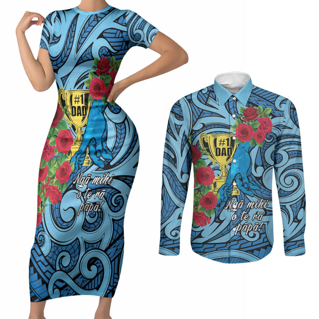 Personalised New Zealand Father's Day Couples Matching Short Sleeve Bodycon Dress and Long Sleeve Button Shirt Best Dad Trophy Red Rose Maori Pattern LT22 Blue - Polynesian Pride