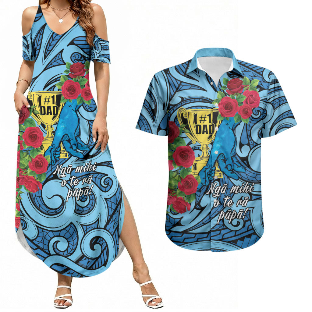 Personalised New Zealand Father's Day Couples Matching Summer Maxi Dress and Hawaiian Shirt Best Dad Trophy Red Rose Maori Pattern LT22 Blue - Polynesian Pride