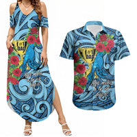 Personalised New Zealand Father's Day Couples Matching Summer Maxi Dress and Hawaiian Shirt Best Dad Trophy Red Rose Maori Pattern LT22 Blue - Polynesian Pride
