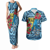 Personalised New Zealand Father's Day Couples Matching Tank Maxi Dress and Hawaiian Shirt Best Dad Trophy Red Rose Maori Pattern LT22 Blue - Polynesian Pride