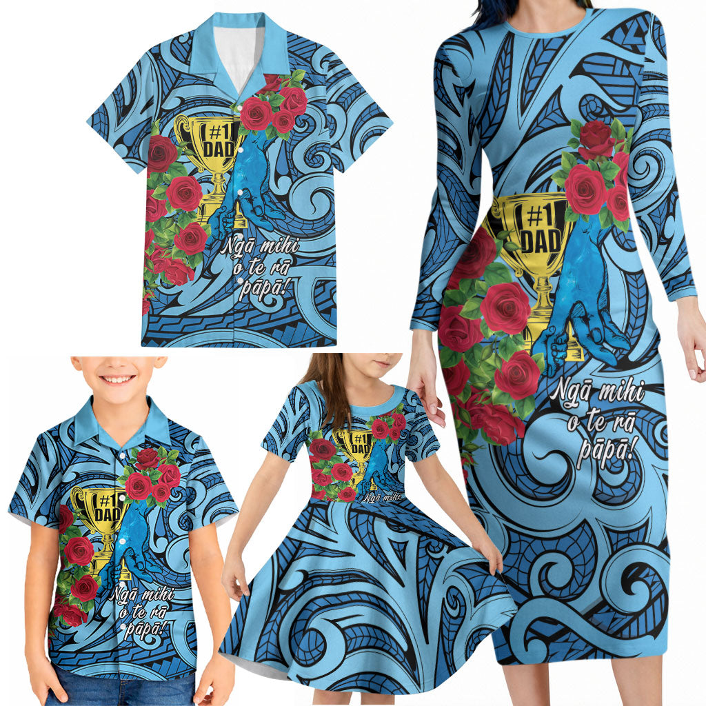 Personalised New Zealand Father's Day Family Matching Long Sleeve Bodycon Dress and Hawaiian Shirt Best Dad Trophy Red Rose Maori Pattern LT22 - Polynesian Pride