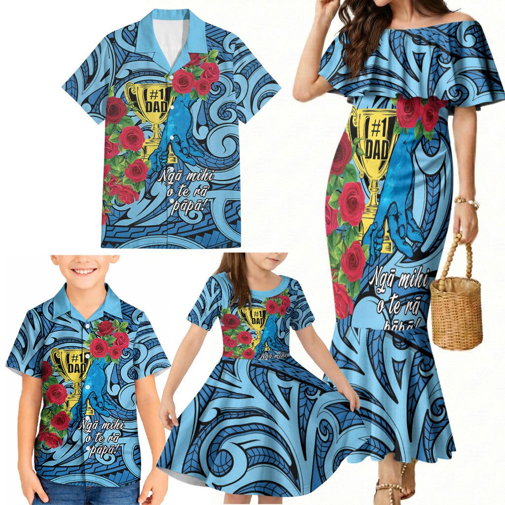 Personalised New Zealand Father's Day Family Matching Mermaid Dress and Hawaiian Shirt Best Dad Trophy Red Rose Maori Pattern LT22 - Polynesian Pride