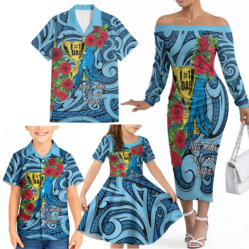 Personalised New Zealand Father's Day Family Matching Off The Shoulder Long Sleeve Dress and Hawaiian Shirt Best Dad Trophy Red Rose Maori Pattern LT22 - Polynesian Pride