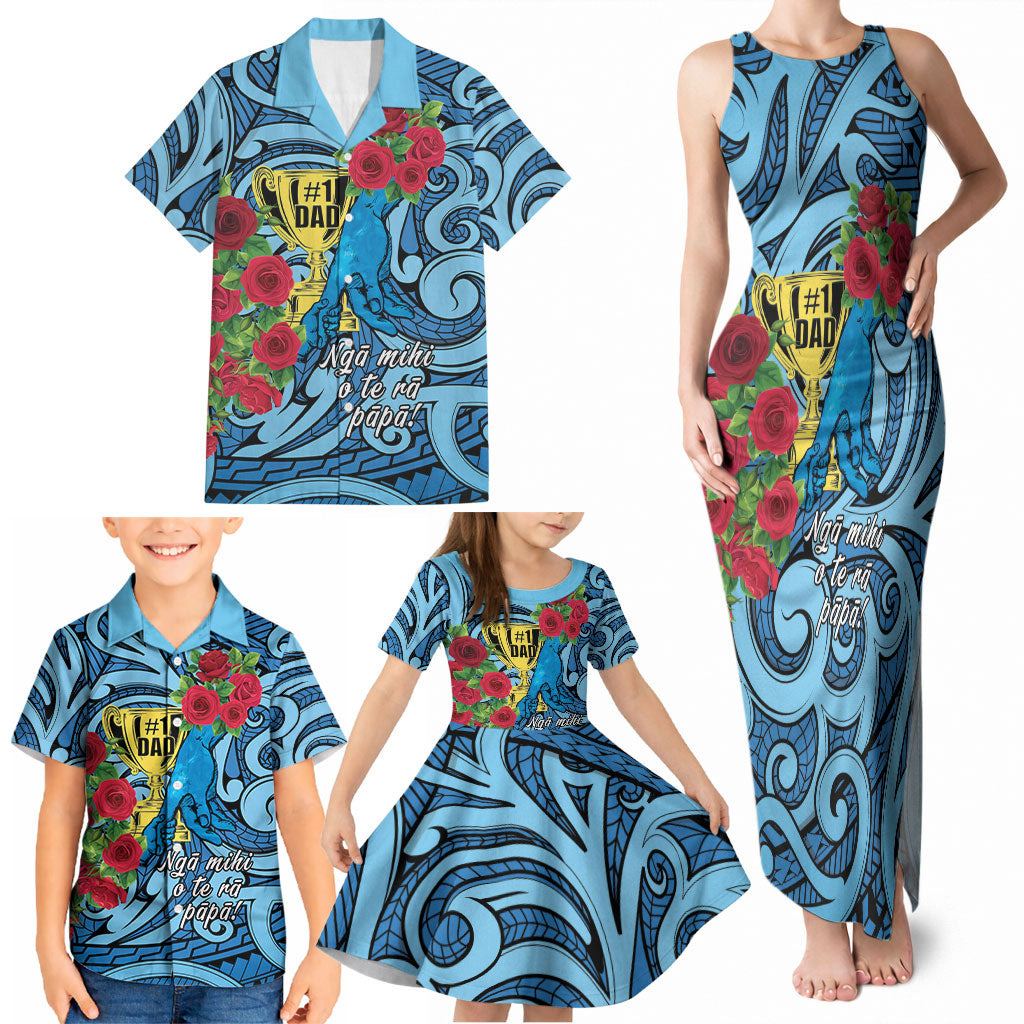 Personalised New Zealand Father's Day Family Matching Tank Maxi Dress and Hawaiian Shirt Best Dad Trophy Red Rose Maori Pattern LT22 - Polynesian Pride