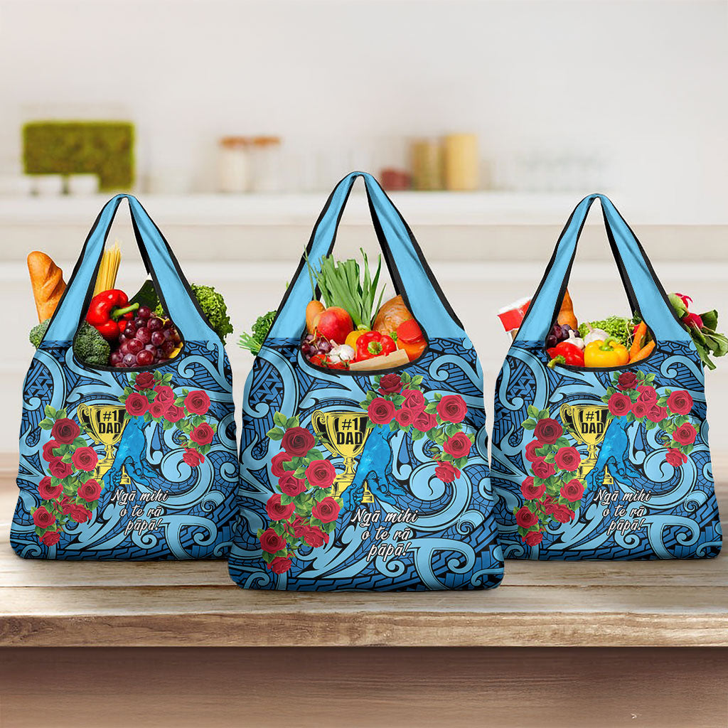 New Zealand Father's Day Grocery Bag Best Dad Trophy Red Rose Maori Pattern LT22 3-pack One Size Blue - Polynesian Pride