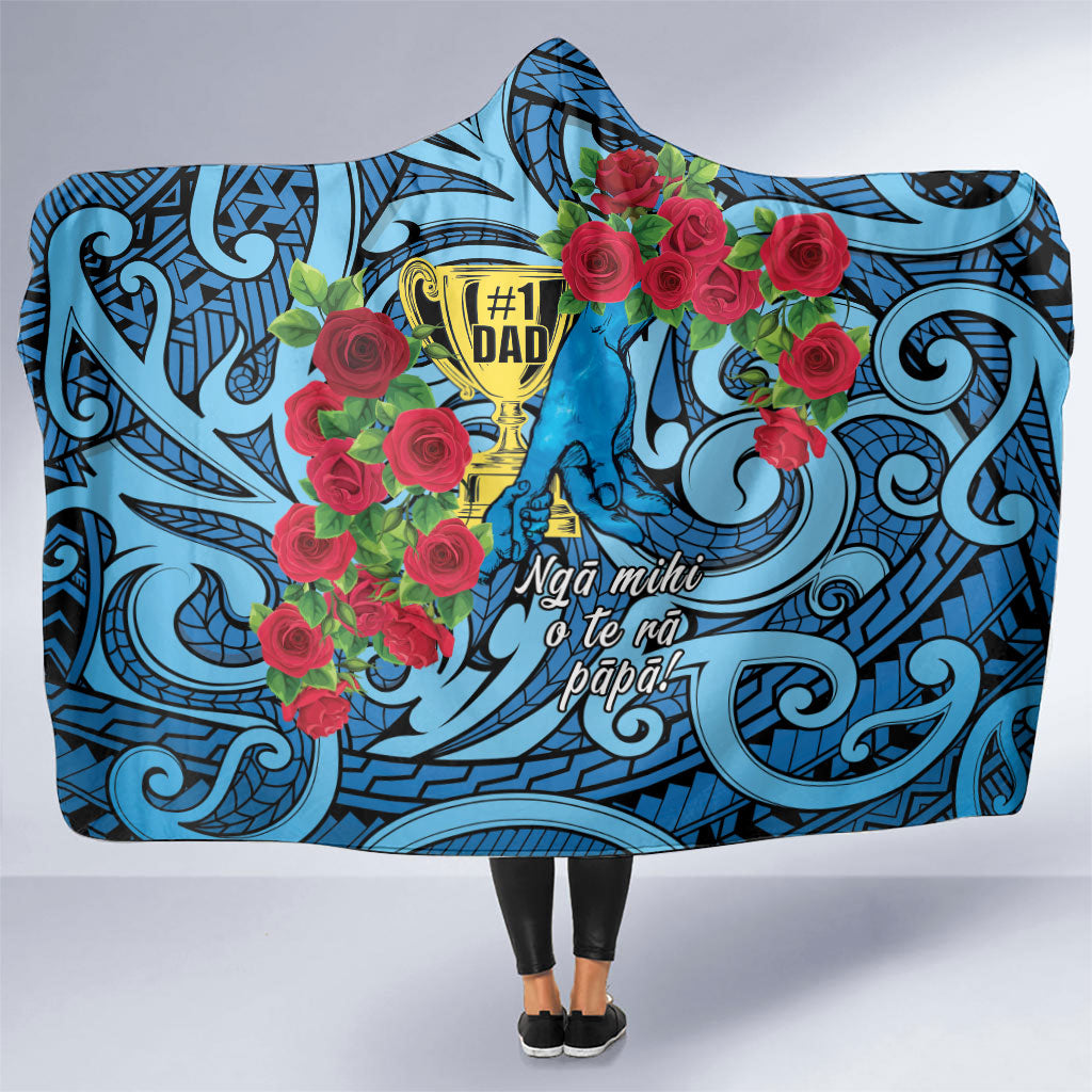 New Zealand Father's Day Hooded Blanket Best Dad Trophy Red Rose Maori Pattern LT22 One Size Blue - Polynesian Pride