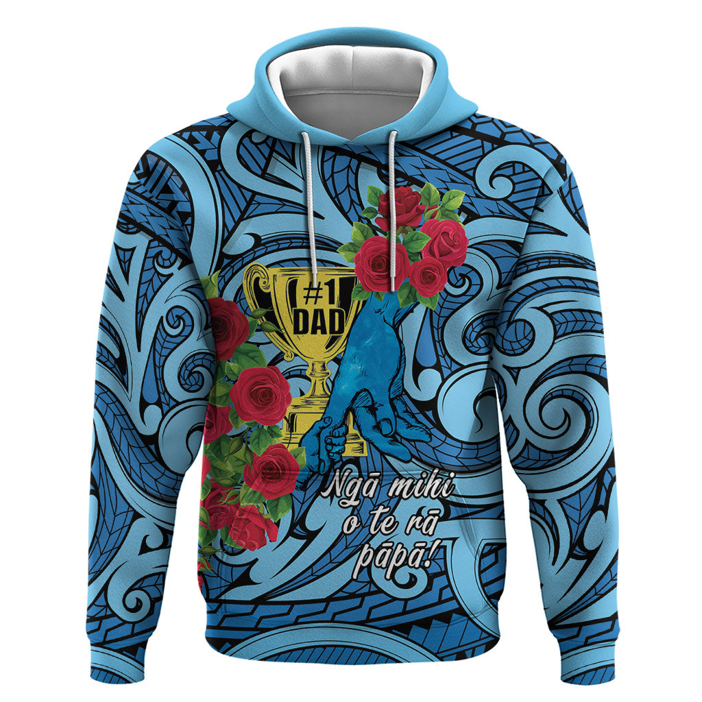 Personalised New Zealand Father's Day Hoodie Best Dad Trophy Red Rose Maori Pattern LT22 Pullover Hoodie Blue - Polynesian Pride