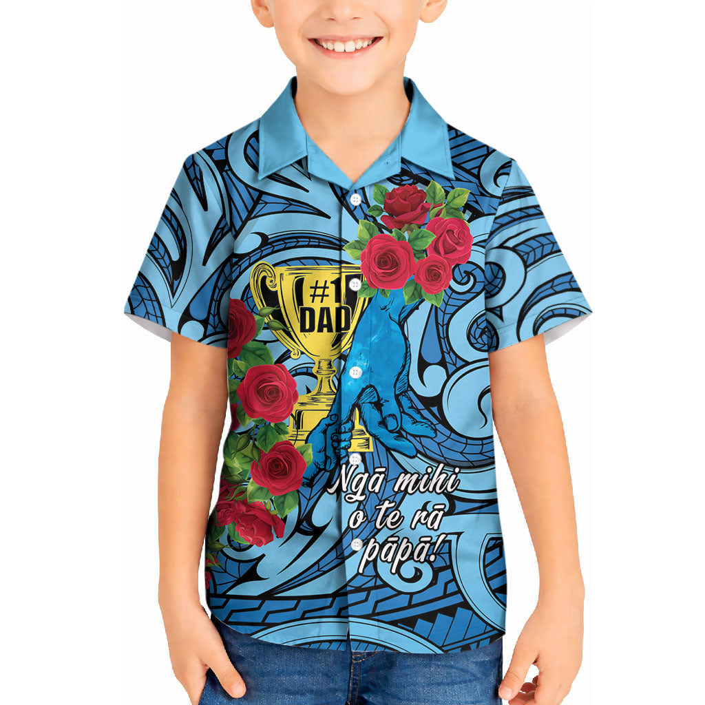 Personalised New Zealand Father's Day Kid Hawaiian Shirt Best Dad Trophy Red Rose Maori Pattern LT22 Kid Blue - Polynesian Pride