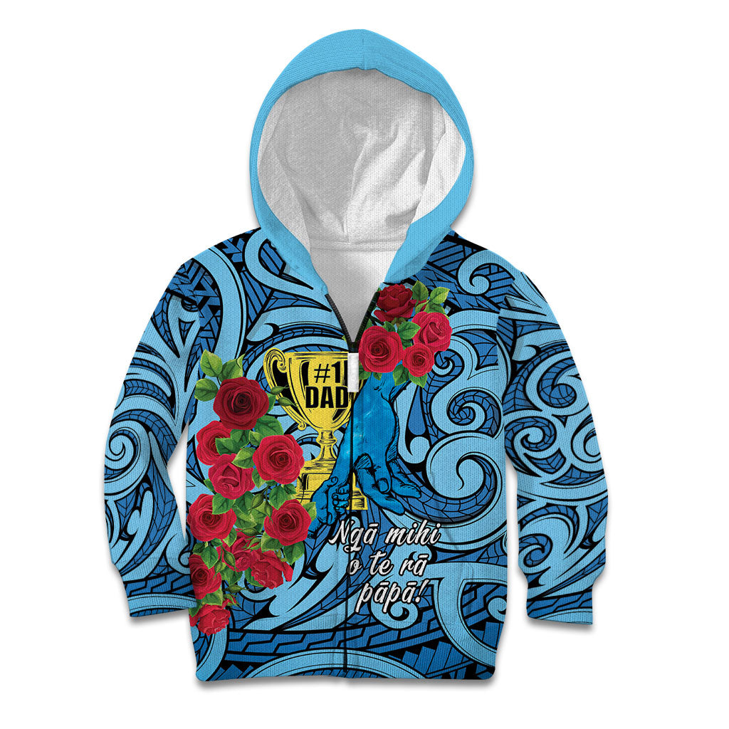 Personalised New Zealand Father's Day Kid Hoodie Best Dad Trophy Red Rose Maori Pattern LT22 Zip Hoodie Blue - Polynesian Pride