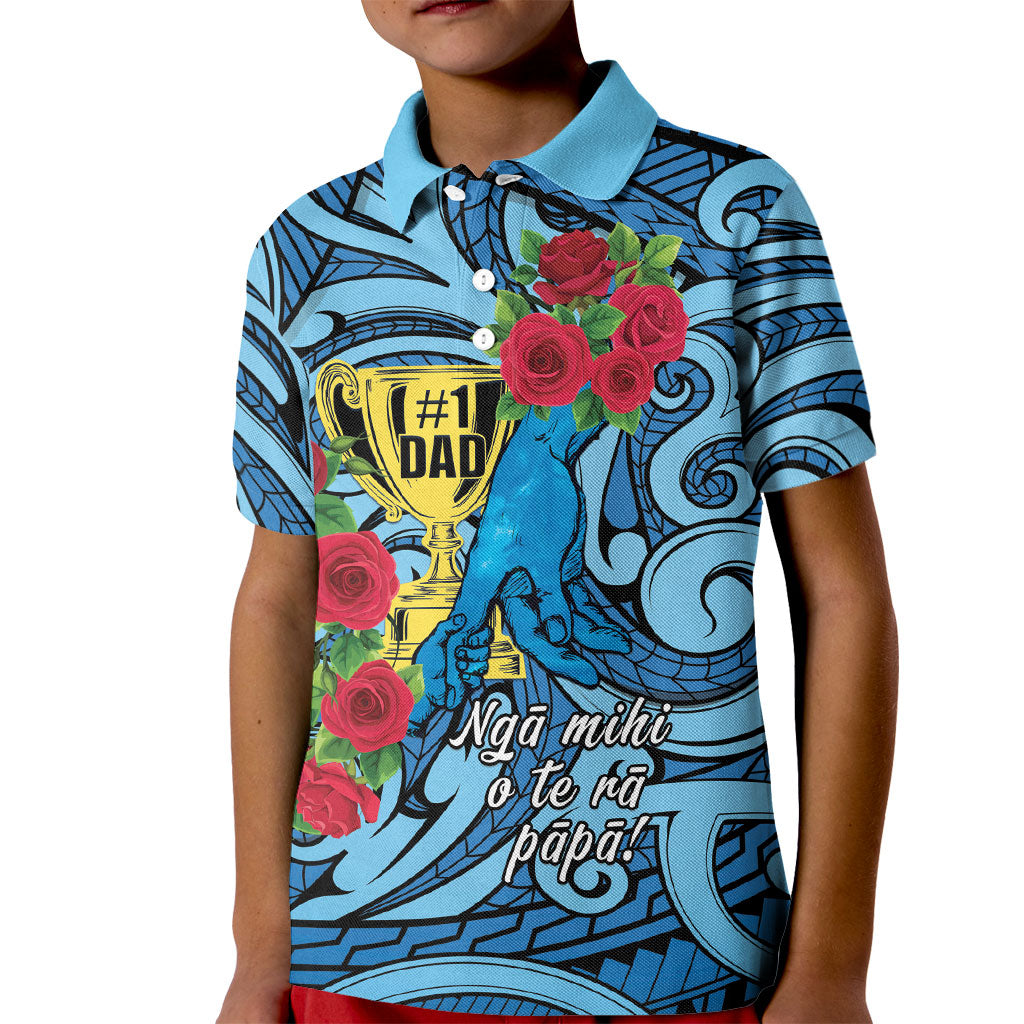 Personalised New Zealand Father's Day Kid Polo Shirt Best Dad Trophy Red Rose Maori Pattern LT22 Kid Blue - Polynesian Pride