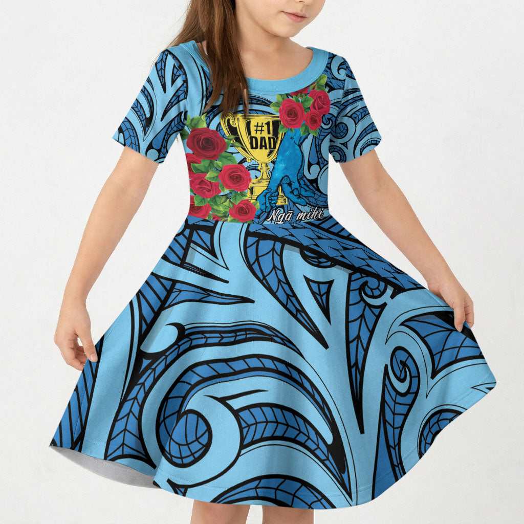 Personalised New Zealand Father's Day Kid Short Sleeve Dress Best Dad Trophy Red Rose Maori Pattern LT22 KID Blue - Polynesian Pride