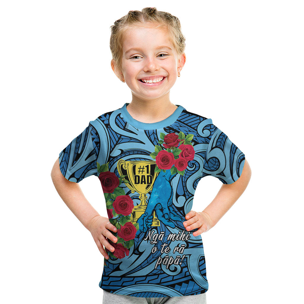 Personalised New Zealand Father's Day Kid T Shirt Best Dad Trophy Red Rose Maori Pattern LT22 Blue - Polynesian Pride
