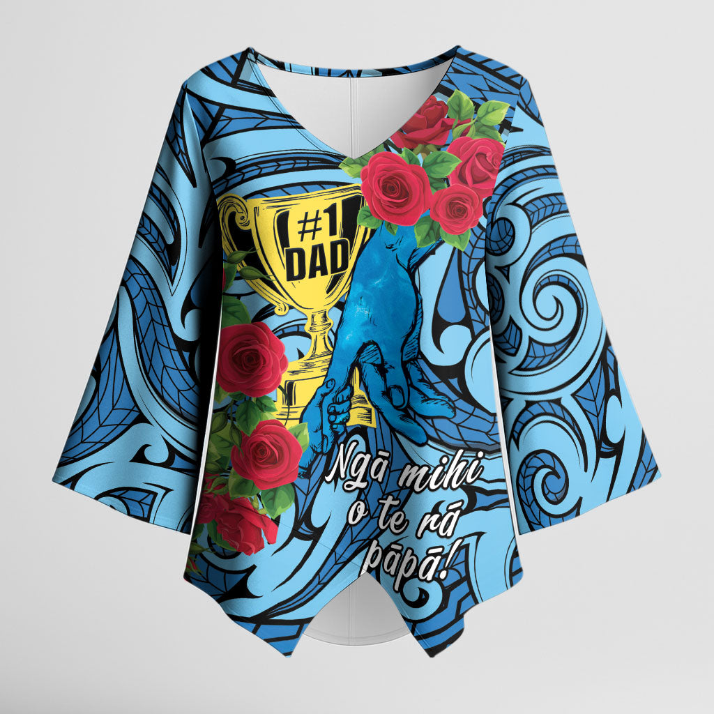 Personalised New Zealand Father's Day Kimono Sleeve Blouse Best Dad Trophy Red Rose Maori Pattern LT22 Female Blue - Polynesian Pride