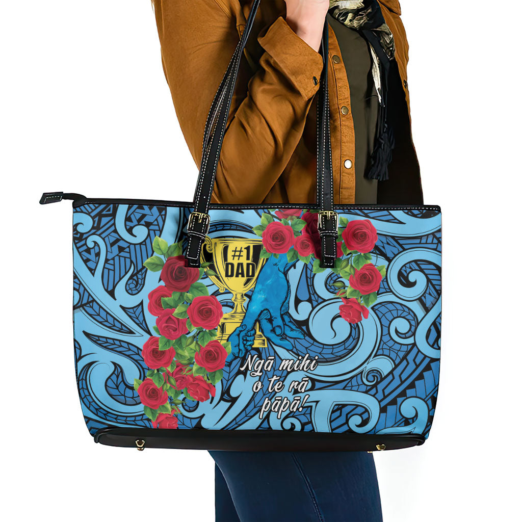 New Zealand Father's Day Leather Tote Bag Best Dad Trophy Red Rose Maori Pattern LT22 - Polynesian Pride