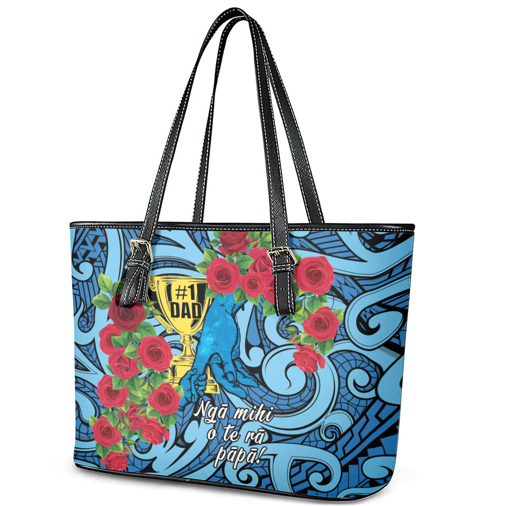 New Zealand Father's Day Leather Tote Bag Best Dad Trophy Red Rose Maori Pattern LT22 - Polynesian Pride