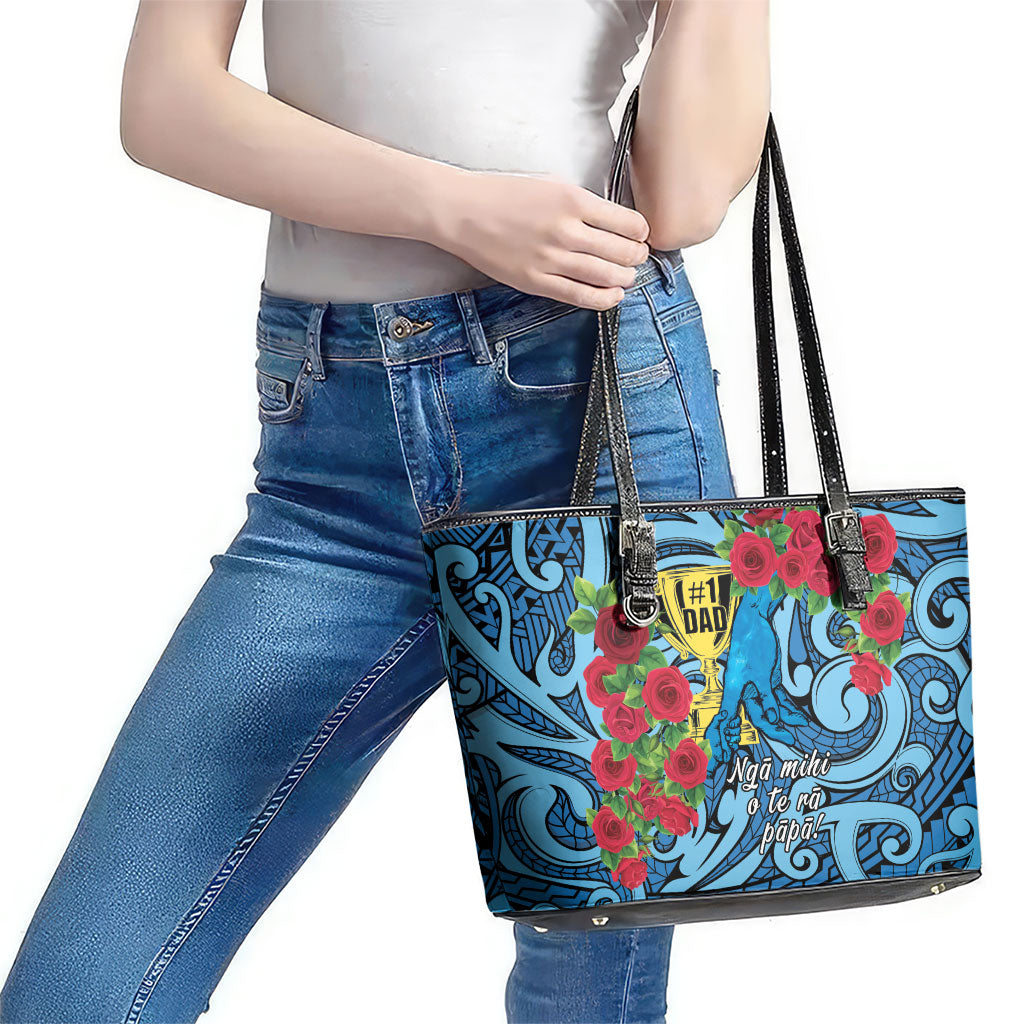 New Zealand Father's Day Leather Tote Bag Best Dad Trophy Red Rose Maori Pattern LT22 - Polynesian Pride