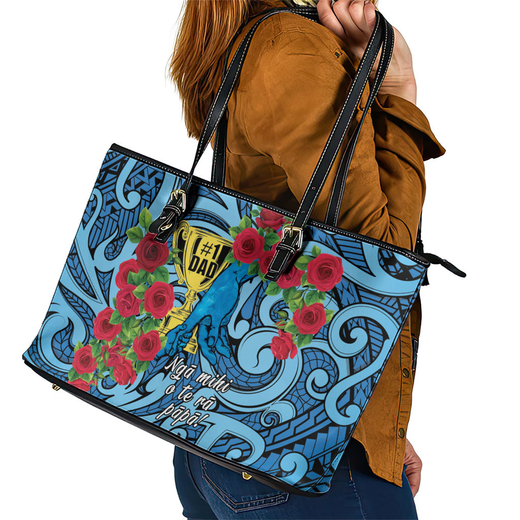New Zealand Father's Day Leather Tote Bag Best Dad Trophy Red Rose Maori Pattern LT22 - Polynesian Pride